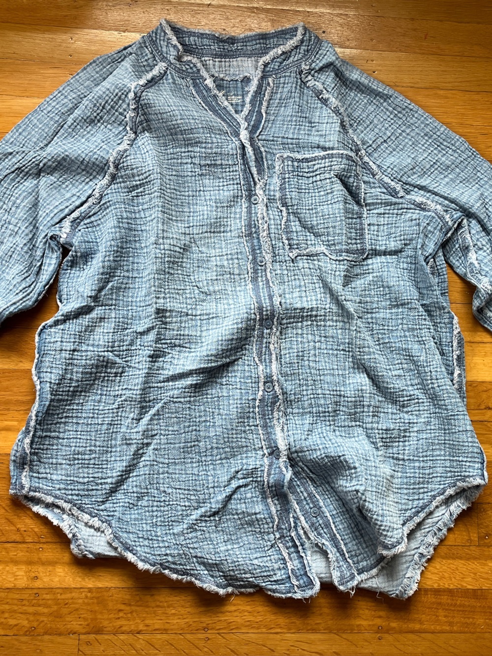 Aerie mandarin collar cotton gauze textured summery long sleeve shirt denim blue